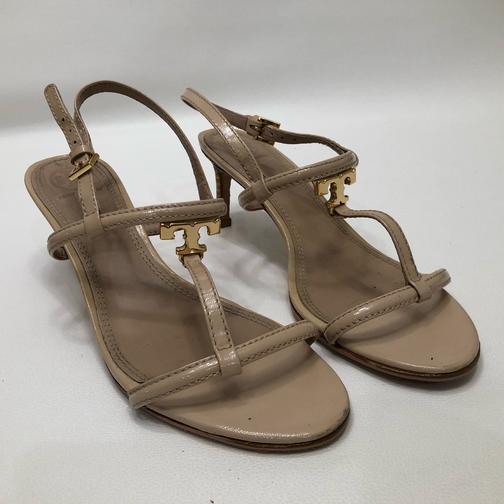 TORY BURCH STILETTO STRAPPY IVORY PATENT LEATHER HEEL SANDALS SIZE 9.5 M